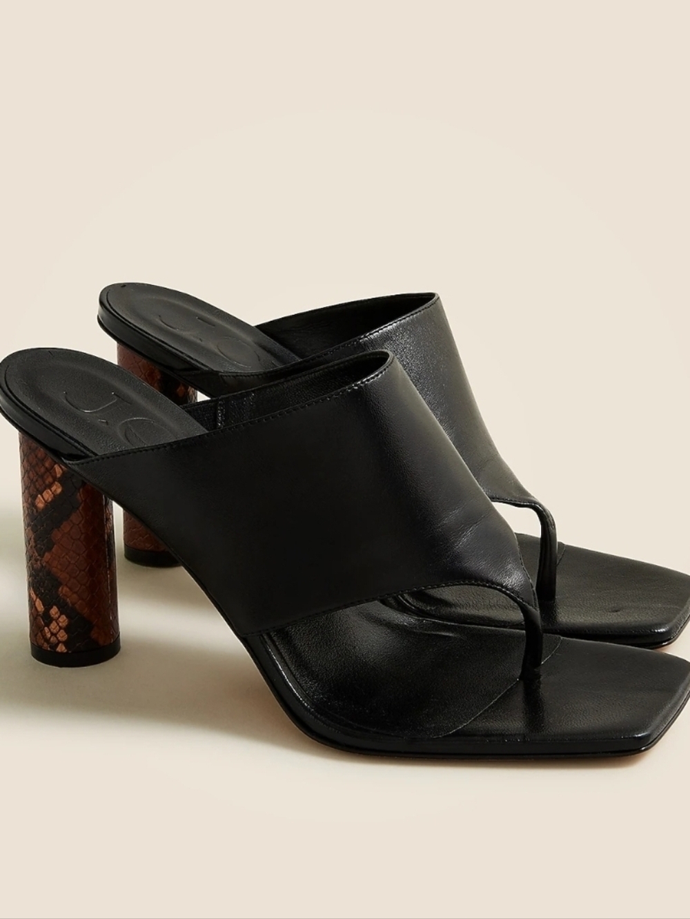 J Crew Black Leather Thong Mule Heels with Snake-Print Block Heel